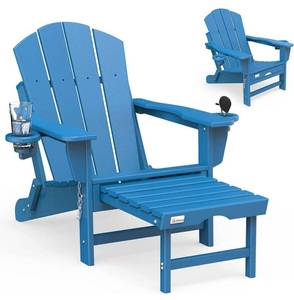 lot 73024 image: $$ Folding Adirondack Chair Mdeam Fire Pit Chairs Adirondack Chairs Weather Resistant with 2 Cup HolderAdirondack Retractable Ottoman for Patio Garden Backyard Lawn Outdoor(Blue), Retail $219