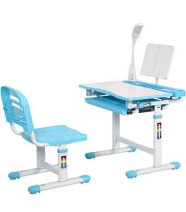 lot 73025 image: Diroan Kids Functional Desk and Chair Set, Height Adjustable Children School Study Desk with Tilt Desktop, Book Stand, LED Light, Metal Hook and Storage Drawer for Boys Girls Blue