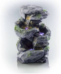 lot 73038 image: Alpine Corporation WIN582 Tall Outdoor 3-Tier Rock Waterfall Fountain with LED Lights, 15L x 13W x 22H, GrayBeige