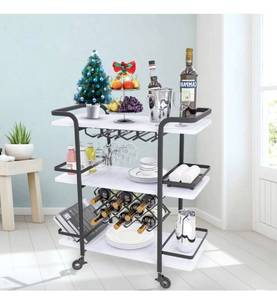 lot 73043 image: Jubao Bar Cart, 3-Tier Storage Serving Cart Rolling Wine Trolley Kitchen Island Cart with Wine Glass Holder, Handle Racks with Litght Stone Finish Wood and Black Metal Commercial or Home Use
