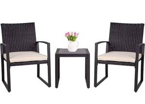 lot 73052 image: SUNLEI Outdoor 3-Piece Bistro Set Black Wicker Furniture-Two Chairs with Glass Coffee Table (Beige)