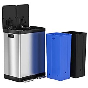 lot 73066 image: iTouchless 16 Gallon Dual Step Trash Can & Recycle, Stainless Steel Lid and Bin Body with Handle, Includes 2 x 8 Gallon (60L) Removable Buckets are Color-Coded, Soft-close and Airtight Lid, Silver (B076JFRS68),Retail $162.00