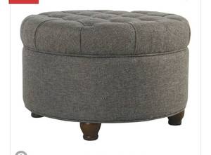 lot 73068 image: HomePop Round Traditional Wood and Fabric Large Storage Ottoman in Gray
