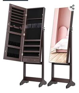 lot 73077 image: Nicetree Jewelry Cabinet with Full-Length Mirror, Standing Lockable Jewelry Armoire Organizer, 3 Angel Adjustable (Brown)Retail $109.99