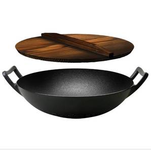 lot 73117 image: WUWEOT 14 Cast Iron Wok with Handles and Wooden Lid, Pre-Seasoned Nonstick Iron Deep Frying Pan for Stir-Fry, Grilling, Frying, Steaming, Restaurant Chef Quality
