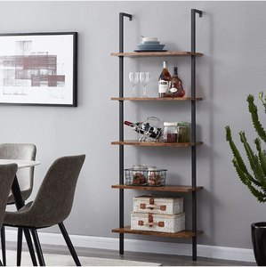 lot 6003 image: Retail $79.99 SUPERJARE Industrial Ladder Shelf, 5-Tier Wood Wall-Mounted Bookcase with Stable
