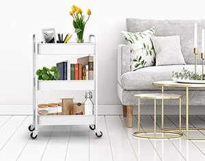lot 6015 image: CAXXA 3-Tier Rolling Metal Storage Organizer, Mobile Kitchen Cart with Swivel Casters, White