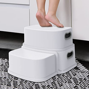 lot 7010 image: 2 Step Stool for Kids, Toddler Step Stool, Kids Step Stool for Potty Training, Bathroom Toilet Stool, Slip Resistant, Dual Height 4.5- 9.4, Dual Width 5- 6, White 1 Pack