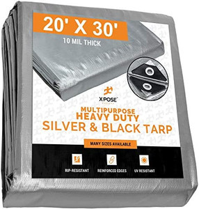 lot 7017 image: $$110 RETAIL Heavy Duty Poly Tarp - 20 x 30 - 10 Mil Thick Waterproof, UV Blocking Protective Cover - Reversible Silver and Black - Laminated Coating - Grommets - by Xpose Safety