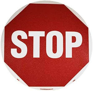lot 7018 image: NMC WFS3 STOP Sign �� 17 in. Circular Adhesive Backed Vinyl Walk on Floor Safety Sign with White Text on Red Base