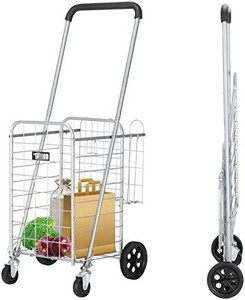 lot 7054 image: TUFFIOM Folding Shopping Cart with Wheels Heavy Duty ,Metal Grocery Cart Utility Cart with Double Basket and Holds Up to 66lbs,for Grocery Laundry Book Luggage Trave, Silver