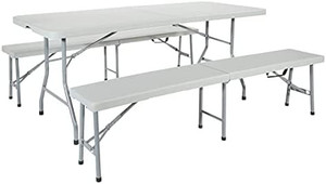 lot 8030 image: Office Star Resin 3-Piece Folding Bench and Table Set, 2 Benches and 6 x 2.5-Feet Table,3 Piece Rectangle Table and Benches