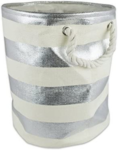 lot 8034 image: DII Collapsible Laundry HamperStorage Basket, Stripe Woven Paper, Silver Stripe, Large