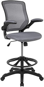 lot 8040 image: Flash Furniture Mid-Back Dark Gray Mesh Ergonomic Drafting Chair with Adjustable Foot Ring and Flip-Up Arms