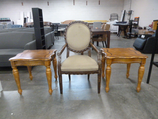 lot 13 image: BEAUTIFUL SITTING CHAIR WITH ARMS & PAIR OF MATCHING VERY NICE TABLES
