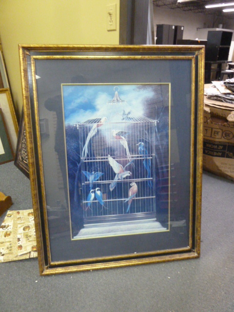 lot 210 image: HUGE BIRDCAGE ART exotic birds nice frame