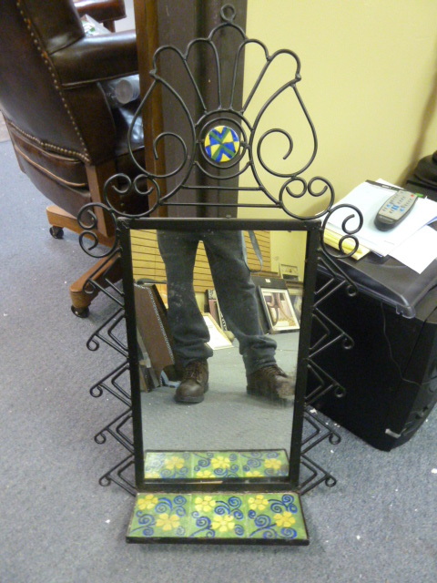 lot 602 image: COOL AND UNUSUAL IRON WALL MIRROR WITH SHELF