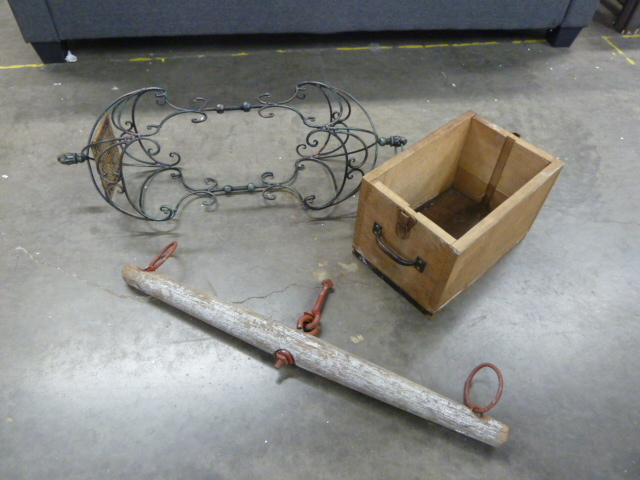 lot 38 image: OLD WOODEN CRATEBOX, OLD YOKE, AND HANGING METAL PIECE