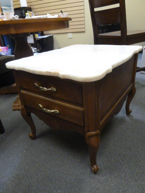 lot 36 image: MARBLE TOP END TABLE with drawer in great shape