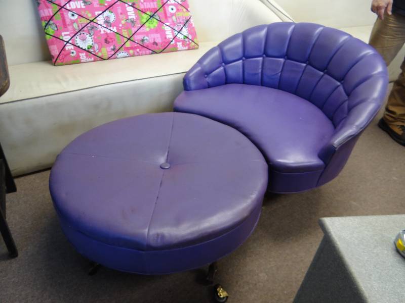 lot 2891 image: Dark Purple Vinyl Padded Retro Lounge Chair w Ottoman On Casters