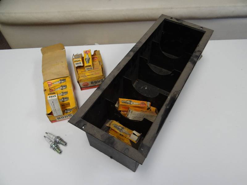 lot 2908 image: 5 Divider Metal Storge Box w NGK Small Engine Spark Plugs
