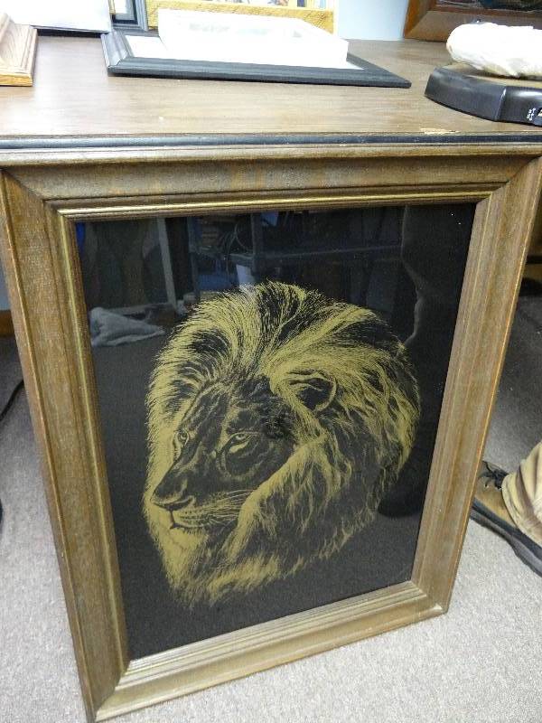 lot 2937 image: Dark Wood Framed Lion Art Decorative Picture