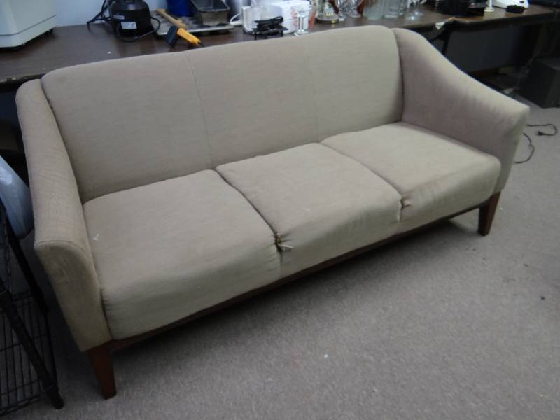 lot 2957 image: Light Tan Cloth 67 Long Lounge Cough on Legs