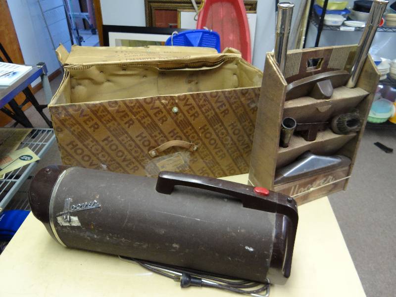 lot 2959 image: Classic Hoover Canister Vacuum w Original Display Case And Attachments