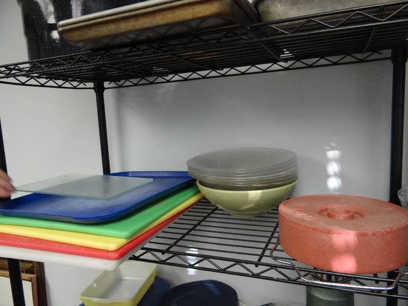 lot 2969 image: Large Assorted Shelf Lot of Cutting Boards And Bowls
