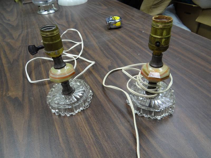lot 2526 image: (2) Small Decorative Alabaster And Glass Base Antique Lamps