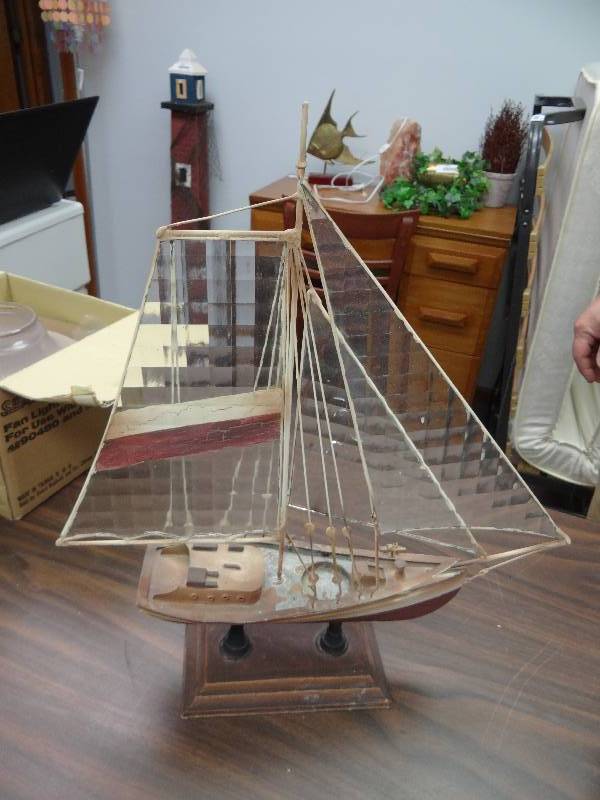 lot 2529 image: Custome Made Decorative Metal Tin Sail Boat w Glass Sails