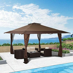 lot 6302 image: Retail $169.99 PHI VILLA 13 x 13 UV Blocking Canopy Canopy with Hardware Kits, Canopy for Outdoor Patio, Garden Events, Brown