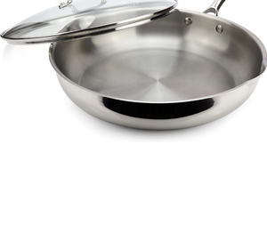 lot 6308 image: Retail $65.25 AVACRAFT 1810 12 Inch Stainless Steel Frying Pan with Lid, Side Spouts, Induction Pan
