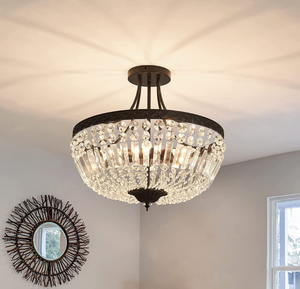 lot 6334 image: Retail $139.99 YYJLX 5-Light E12 Round Crystal Ceiling Light Fixture Modern Semi Flush Mount Chandelier Ceiling Lamp