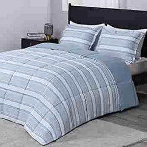 lot 6336 image: downluxe Comforter Set Queen (88 x 92), 3-Piece Reversible Comforter, Blue Stripes, 2 Reversible