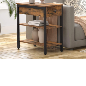 lot 6344 image: Retail $72.99 HOOBRO Nightstand, 3-Tier Narrow End Table with Drawer and 2 Shelves, Industrial Side Table