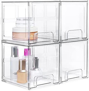 lot 6346 image: Audrey Collection 4 Pack Stackable Makeup Storage Drawers, 6.6H Acrylic Bathroom Organizers, Clear