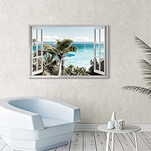 lot 6361 image: Retail $59.99 ARTISTIC PATH Beach Window Canvas Wall Art Open Window Tropical Palm Trees