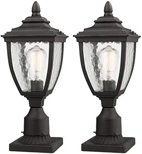 lot 6365 image: Retail $145.99 Beionxii Outdoor Post Lanterns  Set of 2 Exterior Post Light Fixture with 3-Inch Pier Mount Base, Sand Textured Black Die-cast Aluminum with Water Glass(7W x 18.5H) - A162P-2PK