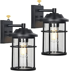 lot 7312 image: 2 Pack Large Dusk to Dawn Outdoor Wall Light, Exterior Wall Lantern Wall Mount Lights in Matte Black Fixtures, Anti-rust Wall Sconce with Seeded Glass Shade for Entryway, Porch