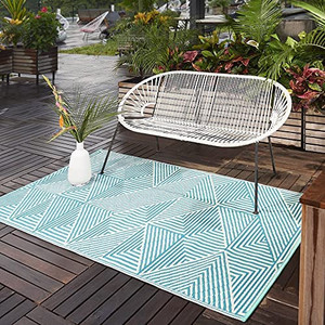 lot 7331 image: Fab Habitat Outdoor Rug - Waterproof, Fade Resistant, Crease-Free, Reversible - Premium Recycled Plastic - Modern Geometric - Patio, Deck, Porch, Balcony, Laundry Room - Tokyo - Teal - 4 x 6 ft