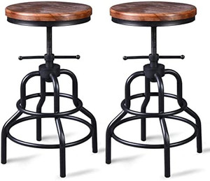 lot 7338 image: RETAIL $190Vintage Industrial Bar Stool-Rustic Swivel Bar Stool-Round Wood Metal Stool-Kitchen Counter Height Adjustable Pipe Stool-Cast Steel Stool 20-27 Inch (Set of 2)