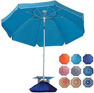 lot 7350 image: ROWHY 7.5FT Beach Umbrella with Cup Holder and Sand Bags Portable Outdoor Heavy Duty Sunshade Umbrella with Sand Anchor & Tilt System, Wind Resistant for Sand, Beach, Patio,Yard, Classic SKY BLUE