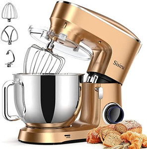 lot 7355 image: Sisiru Stand Mixer, 660W 6P Speed Tilt-Head Electric Kitchen Mixer with 8.5 Qt Stainless Steel Bowl Dough Hooks, Whisk Beater and Suction Cup Bottom Splash Guard, Dishwasher Safe. Gold