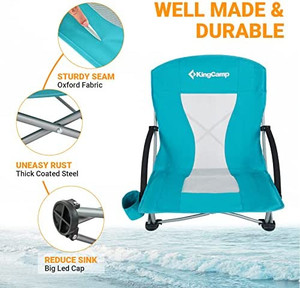 lot 7357 image: KingCamp Low Sling Beach Chairs,Folding LowHigh Mesh Reclining Back Low Seat Beach Chair for Adults with Headrest,Cup Holder,Carry Bag Padded Armrest for Sand Camping Lawn Concert Travel Festival