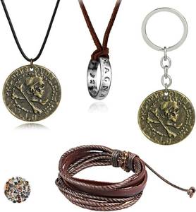 lot 7361 image: 4 pcs Drake Ring Necklace Antique Brass Plated Alloy Drake Ancient Coins Pendant Necklace Unisex Multilayer Leather Adjustable Bracelet Cuff Wrap Multicolor Rope Wristband