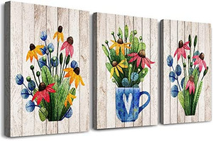 lot 7376 image: Vintage Wood grain plant flowers wall art for kitchen Wall Decorations for Living Room Bathroom Decorations room Wall decor 3 Pieces Framed Canvas print Artwork modern Office Home Decor painting