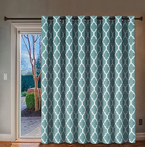 lot 7381 image: H.VERSAILTEX Extra Wide Blackout Curtain 100x84 Inches Thermal Insulated Curtain for Sliding Glass Door -Grommet Top Patio Door Curtain - Moroccan Tile Quatrefoil Pattern, Teal and White