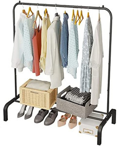 lot 7383 image: JIUYOTREE Metal Clothing Rack, 43.3 Inches Clothes Garment Coat Rack with Bottom Shelf, Clothing Rack for Hanging Clothes, Coats, Skirts, Shirts, Sweaters, Black