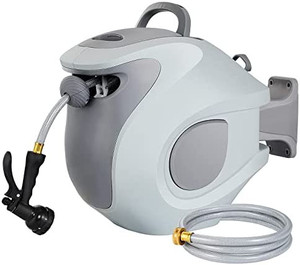 lot 8308 image: $$125 RETAIL--DEWENWILS Garden Hose Reel, 12x100 FT Retractable Hose Reel with 7-Pattern Spray Nozzle, , Grey
